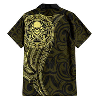New Zealand Skull Darts Family Matching Long Sleeve Bodycon Dress and Hawaiian Shirt Aotearoa Maori Chest Tattoo Stylized Gold - Polynesian Pride