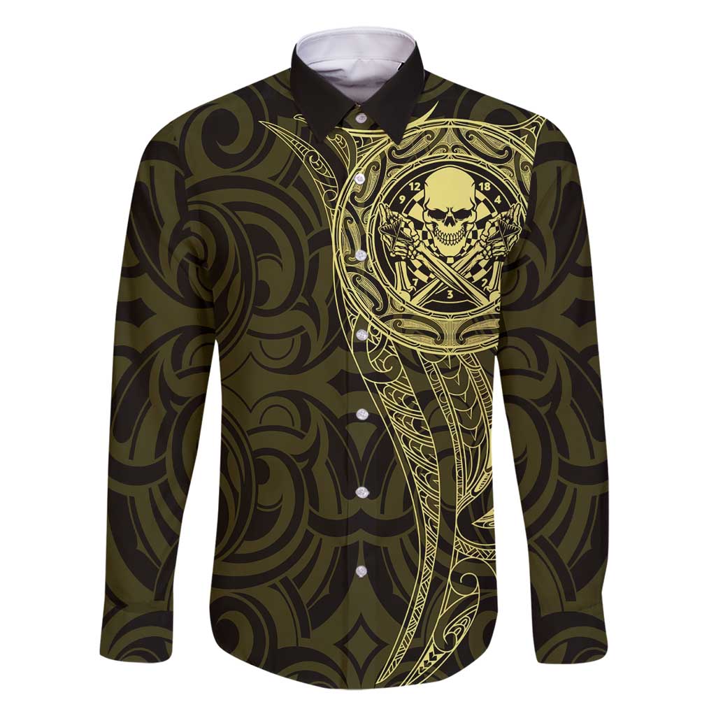 New Zealand Skull Darts Family Matching Long Sleeve Bodycon Dress and Hawaiian Shirt Aotearoa Maori Chest Tattoo Stylized Gold - Polynesian Pride