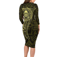New Zealand Skull Darts Family Matching Long Sleeve Bodycon Dress and Hawaiian Shirt Aotearoa Maori Chest Tattoo Stylized Gold - Polynesian Pride