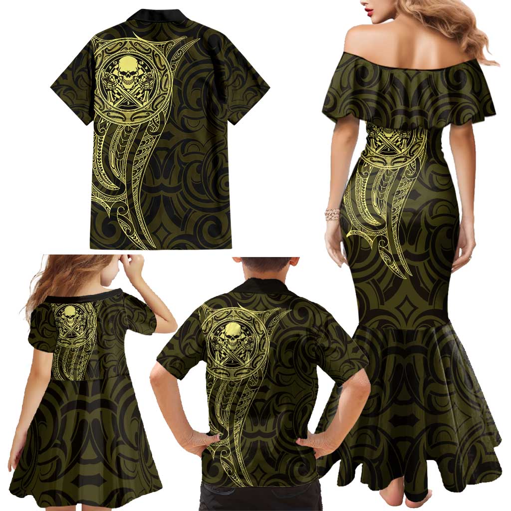 New Zealand Skull Darts Family Matching Mermaid Dress and Hawaiian Shirt Aotearoa Maori Chest Tattoo Stylized Gold - Polynesian Pride