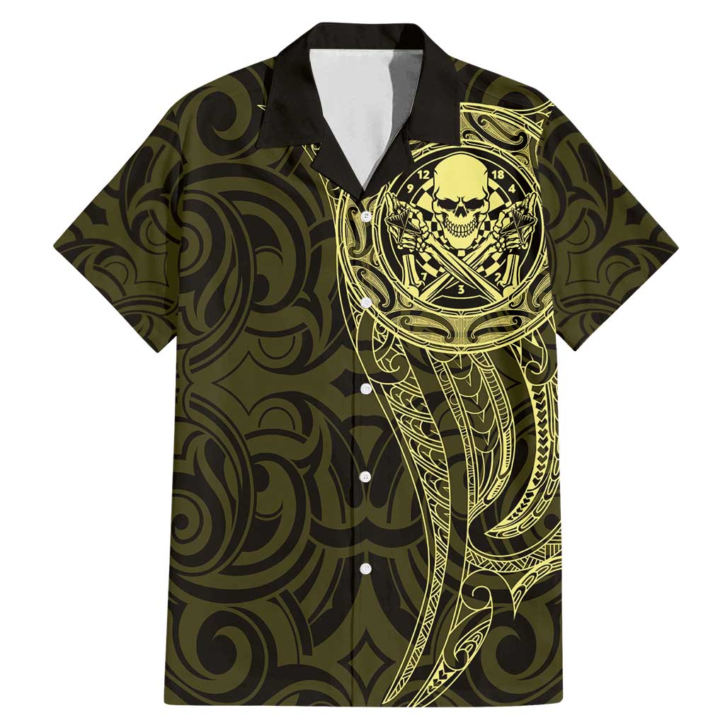 New Zealand Skull Darts Family Matching Mermaid Dress and Hawaiian Shirt Aotearoa Maori Chest Tattoo Stylized Gold - Polynesian Pride