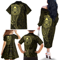 New Zealand Skull Darts Family Matching Off The Shoulder Long Sleeve Dress and Hawaiian Shirt Aotearoa Maori Chest Tattoo Stylized Gold - Polynesian Pride