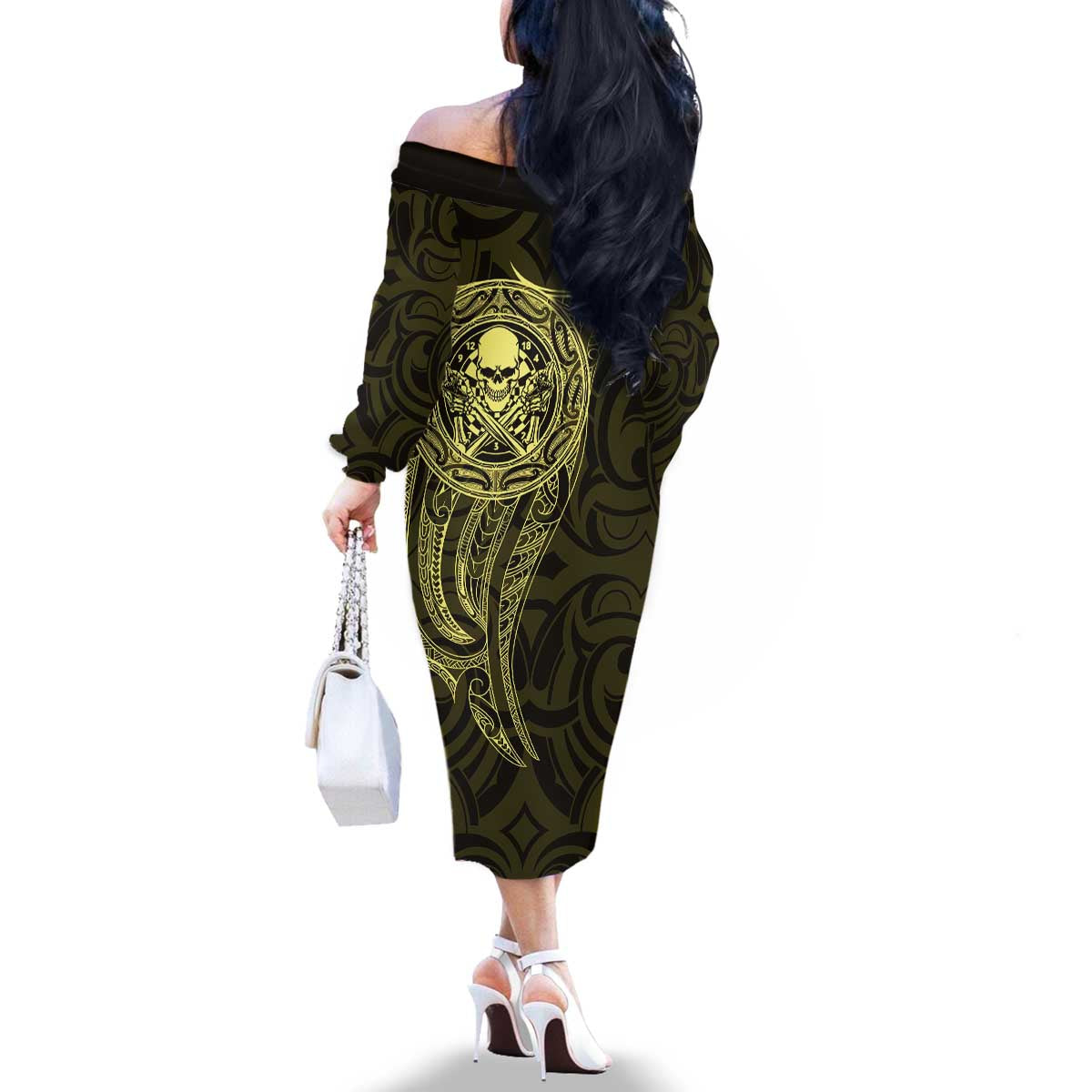New Zealand Skull Darts Family Matching Off The Shoulder Long Sleeve Dress and Hawaiian Shirt Aotearoa Maori Chest Tattoo Stylized Gold - Polynesian Pride