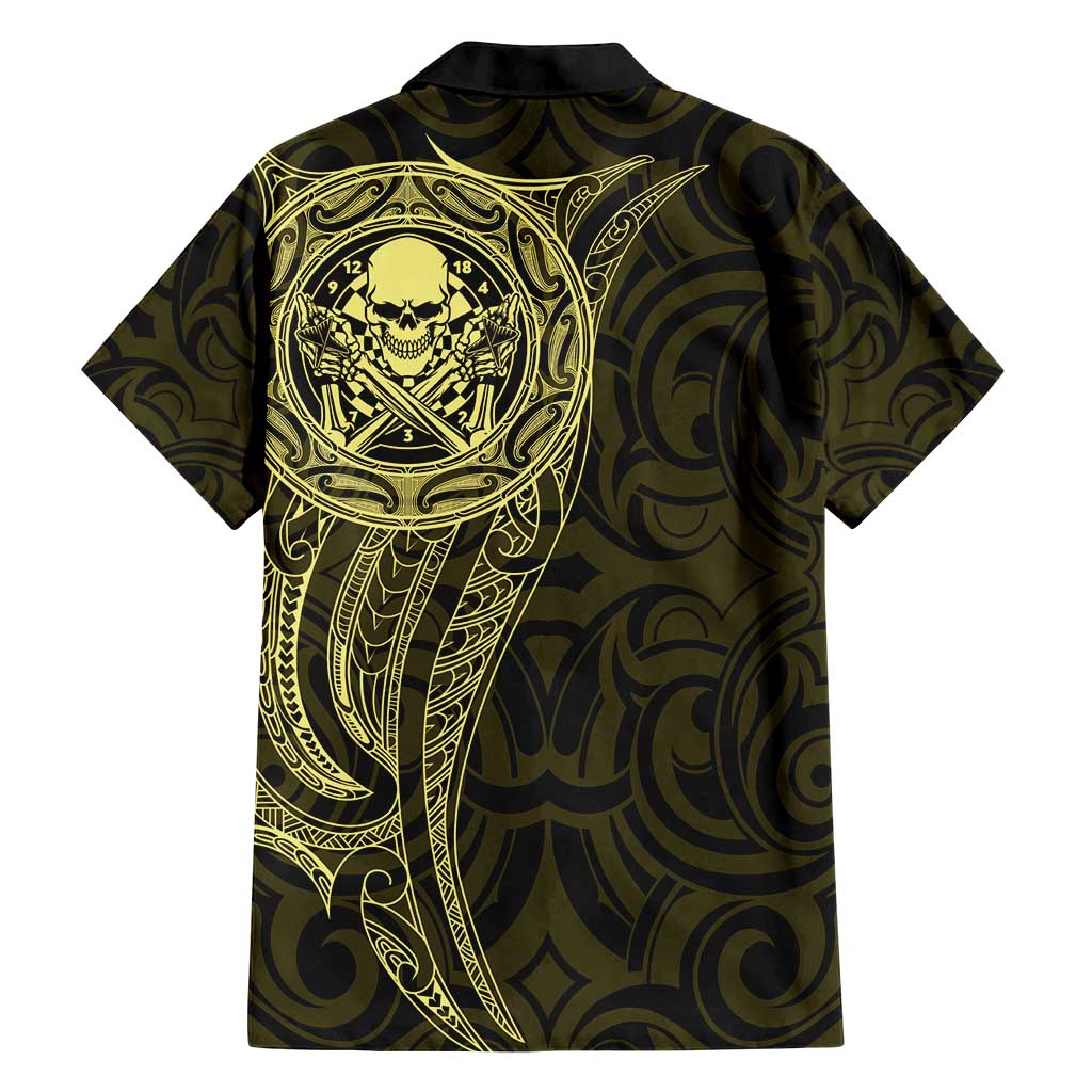 New Zealand Skull Darts Family Matching Off Shoulder Maxi Dress and Hawaiian Shirt Aotearoa Maori Chest Tattoo Stylized Gold - Polynesian Pride