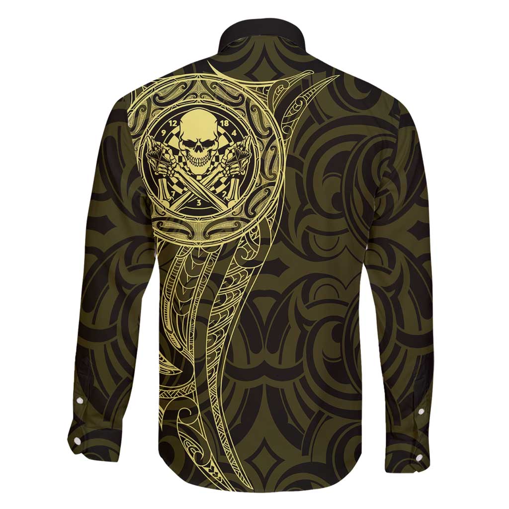 New Zealand Skull Darts Family Matching Off Shoulder Maxi Dress and Hawaiian Shirt Aotearoa Maori Chest Tattoo Stylized Gold - Polynesian Pride