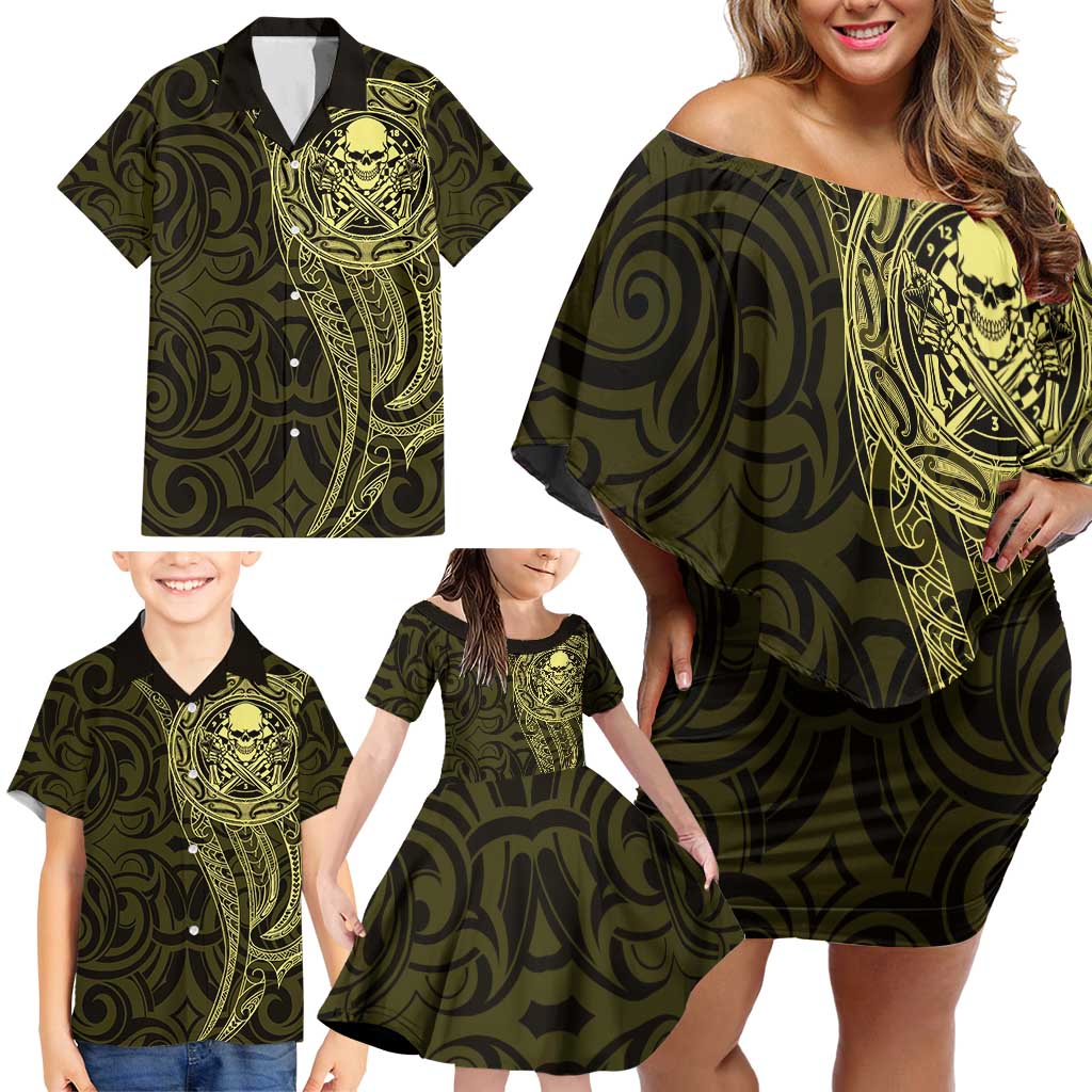 New Zealand Skull Darts Family Matching Off Shoulder Short Dress and Hawaiian Shirt Aotearoa Maori Chest Tattoo Stylized Gold - Polynesian Pride