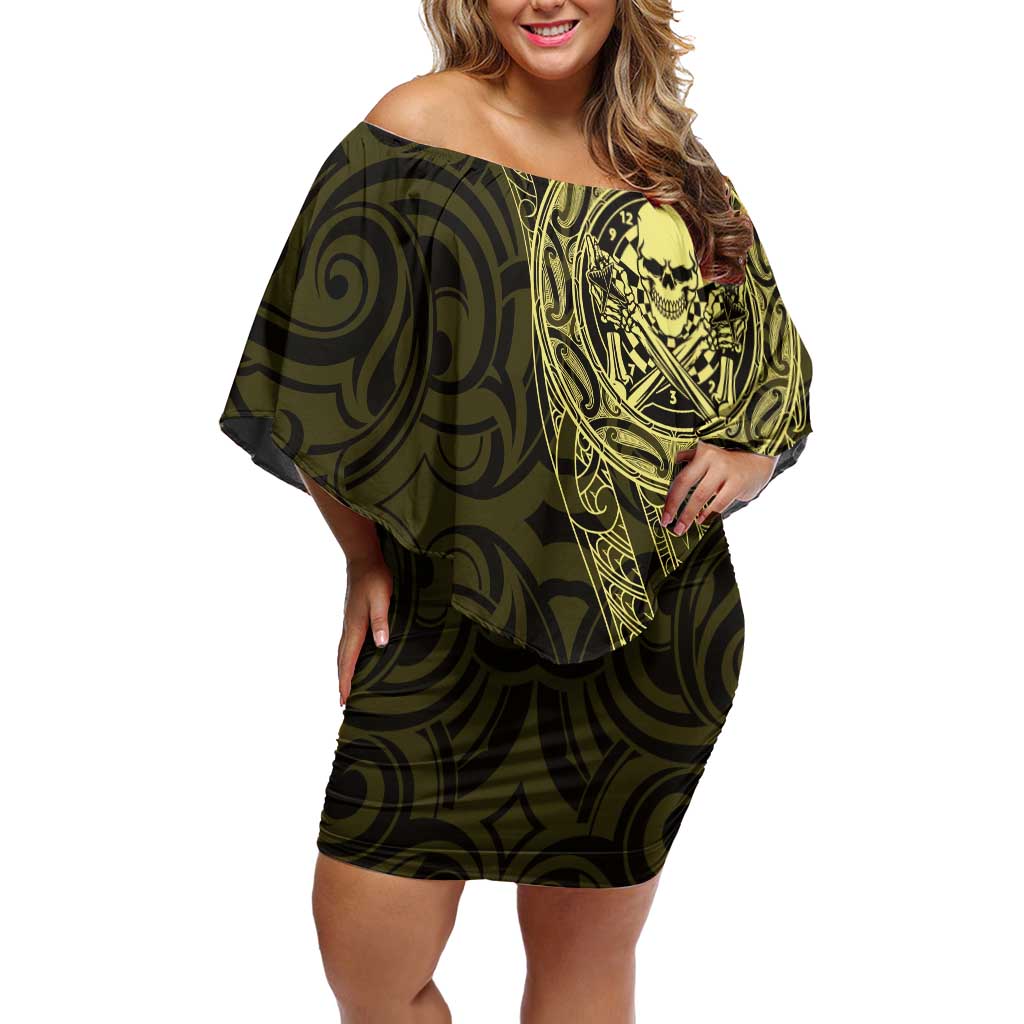 New Zealand Skull Darts Family Matching Off Shoulder Short Dress and Hawaiian Shirt Aotearoa Maori Chest Tattoo Stylized Gold - Polynesian Pride