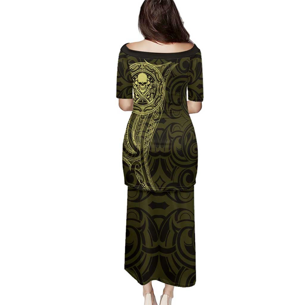 New Zealand Skull Darts Family Matching Puletasi and Hawaiian Shirt Aotearoa Maori Chest Tattoo Stylized Gold - Polynesian Pride