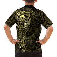 New Zealand Skull Darts Family Matching Short Sleeve Bodycon Dress and Hawaiian Shirt Aotearoa Maori Chest Tattoo Stylized Gold - Polynesian Pride