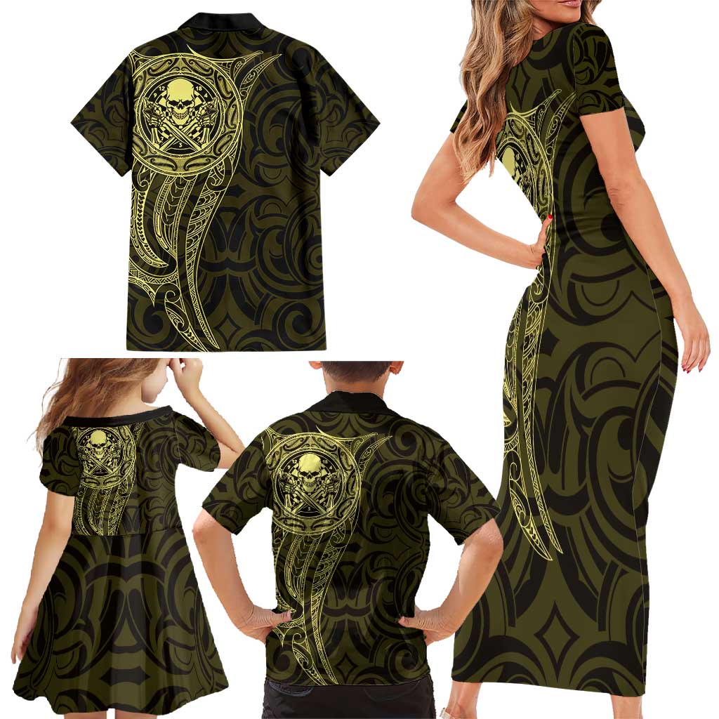 New Zealand Skull Darts Family Matching Short Sleeve Bodycon Dress and Hawaiian Shirt Aotearoa Maori Chest Tattoo Stylized Gold - Polynesian Pride