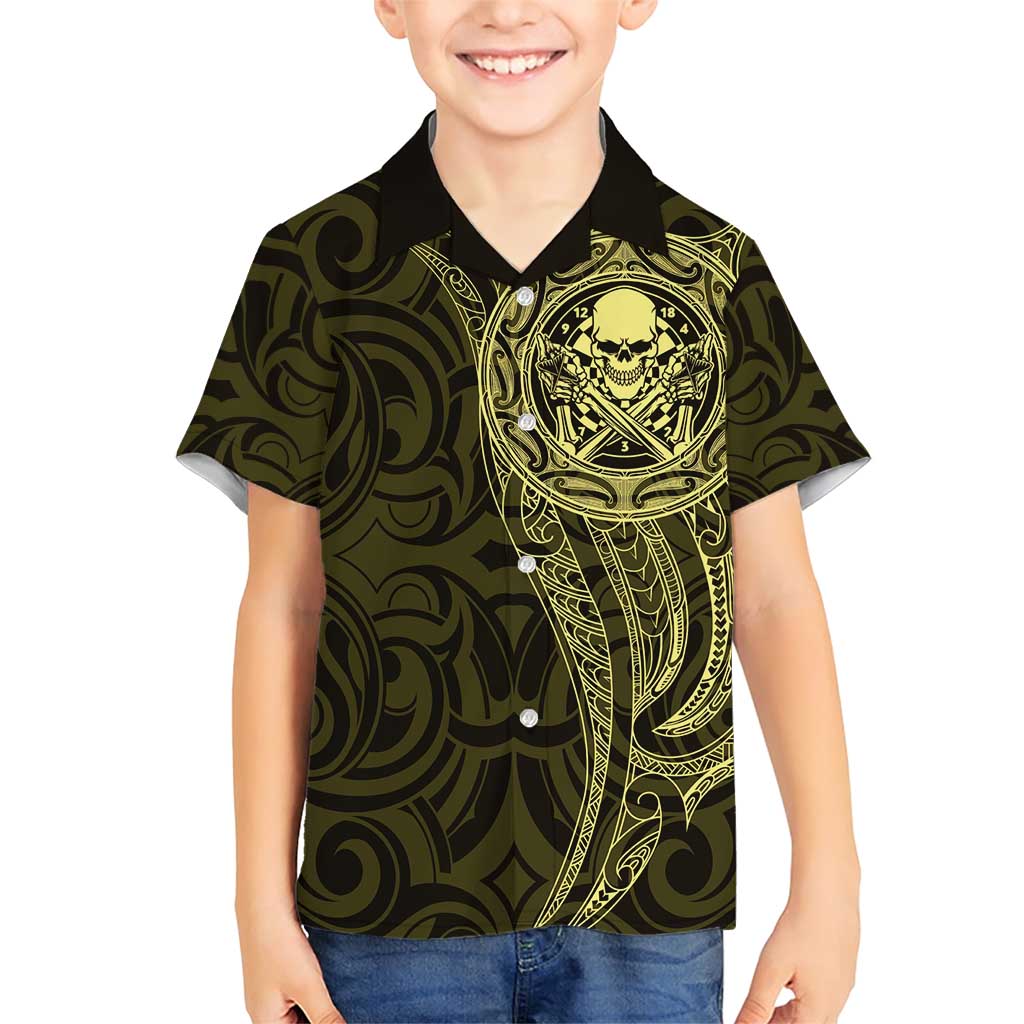 New Zealand Skull Darts Family Matching Short Sleeve Bodycon Dress and Hawaiian Shirt Aotearoa Maori Chest Tattoo Stylized Gold - Polynesian Pride