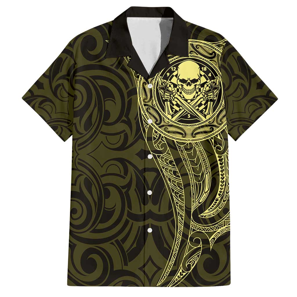 New Zealand Skull Darts Family Matching Summer Maxi Dress and Hawaiian Shirt Aotearoa Maori Chest Tattoo Stylized Gold - Polynesian Pride