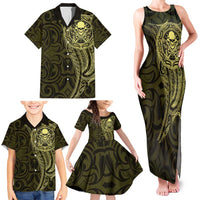 New Zealand Skull Darts Family Matching Tank Maxi Dress and Hawaiian Shirt Aotearoa Maori Chest Tattoo Stylized Gold - Polynesian Pride