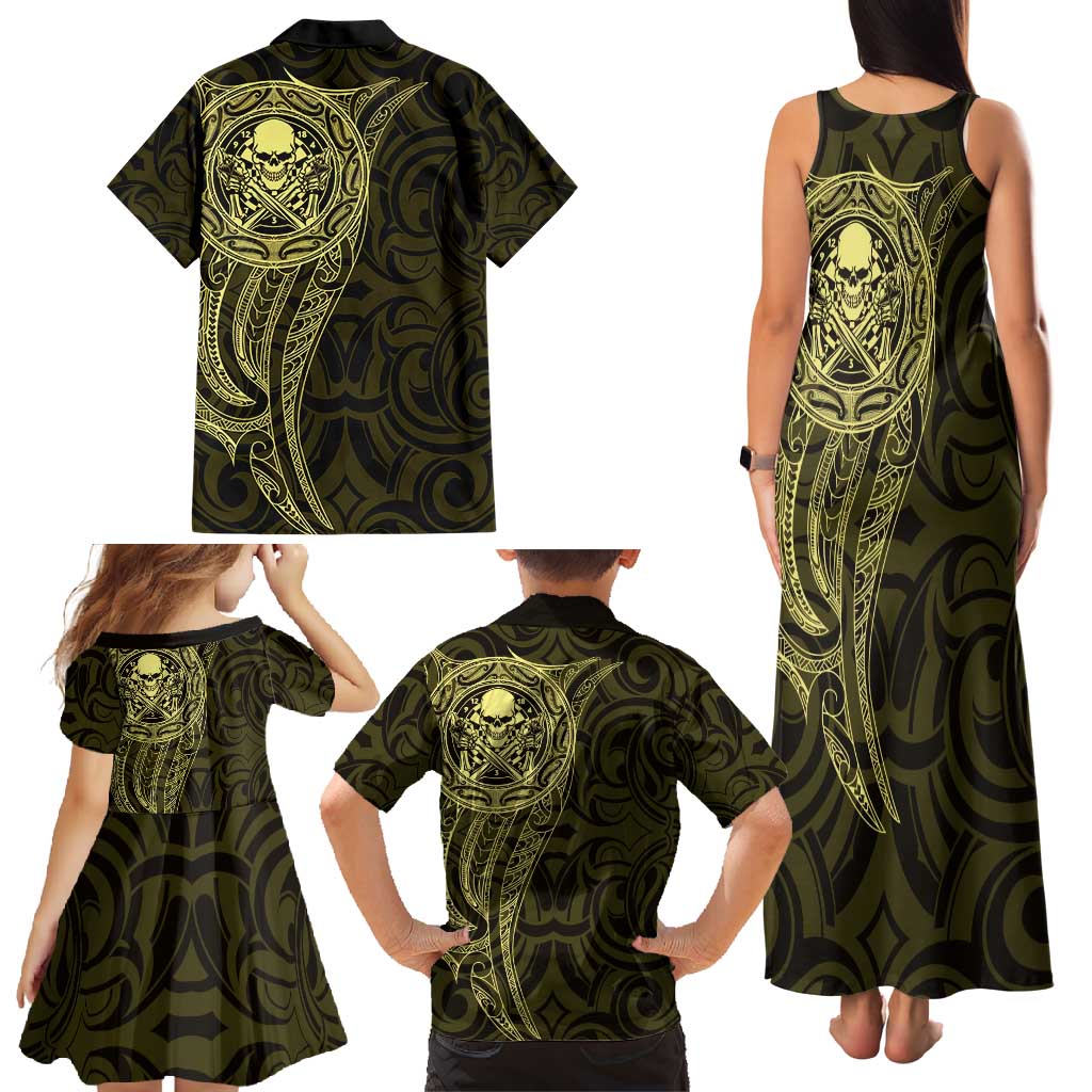 New Zealand Skull Darts Family Matching Tank Maxi Dress and Hawaiian Shirt Aotearoa Maori Chest Tattoo Stylized Gold - Polynesian Pride