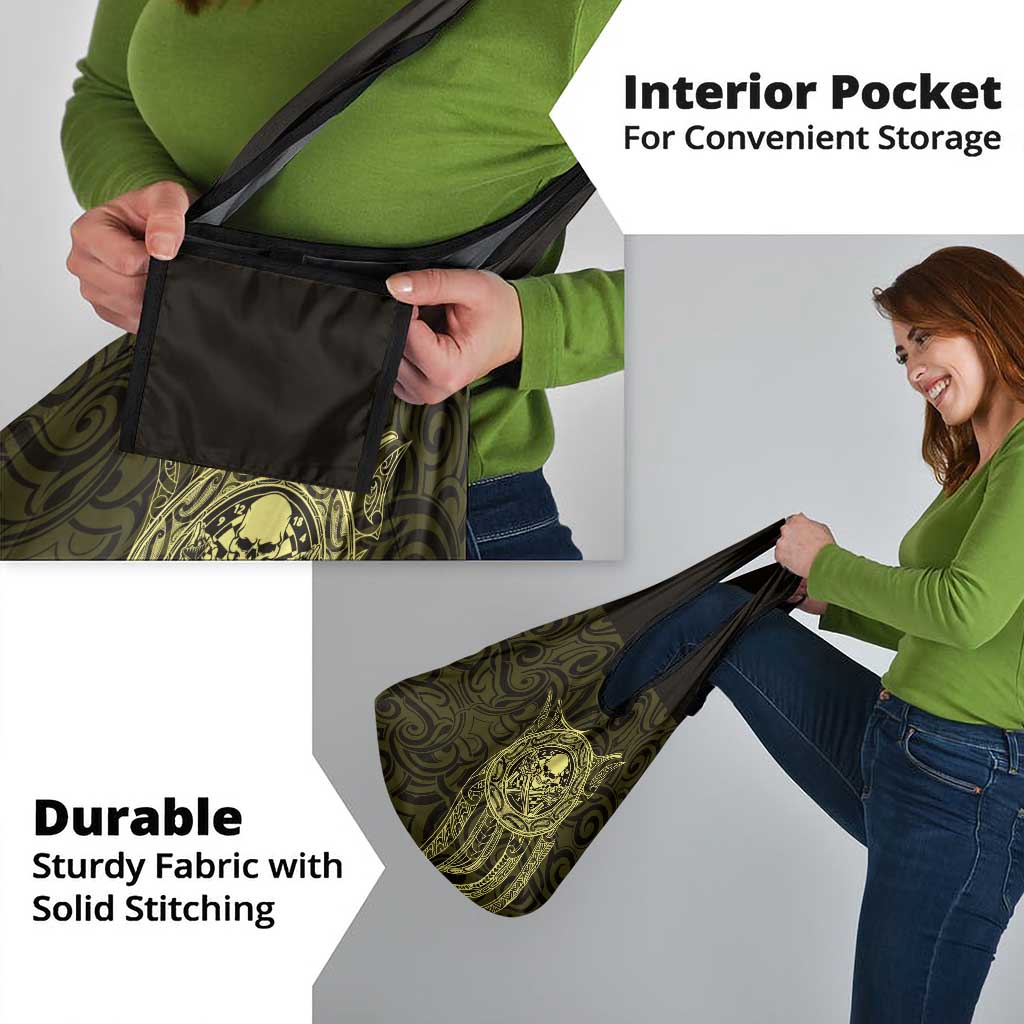 New Zealand Skull Darts Grocery Bag Aotearoa Maori Chest Tattoo Stylized Gold - Polynesian Pride