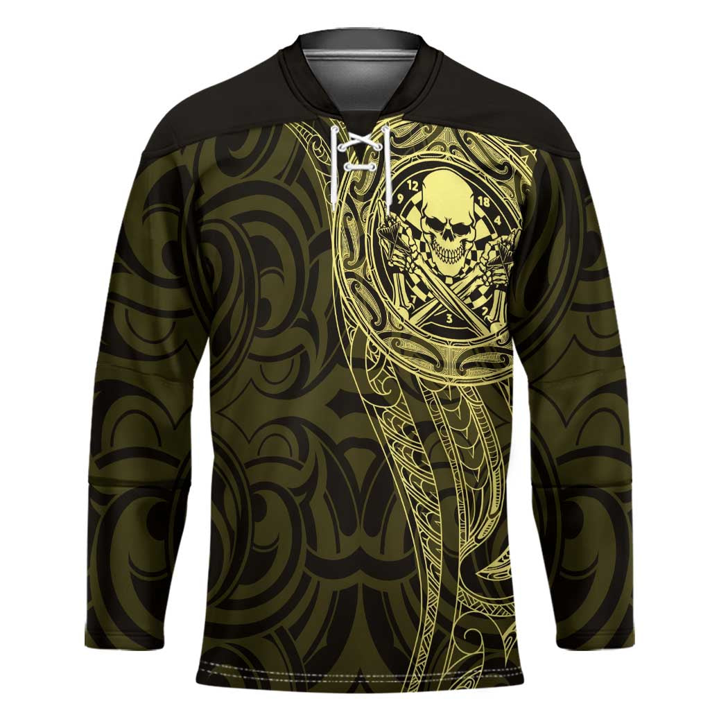 New Zealand Skull Darts Hockey Jersey Aotearoa Maori Chest Tattoo Stylized Gold - Polynesian Pride