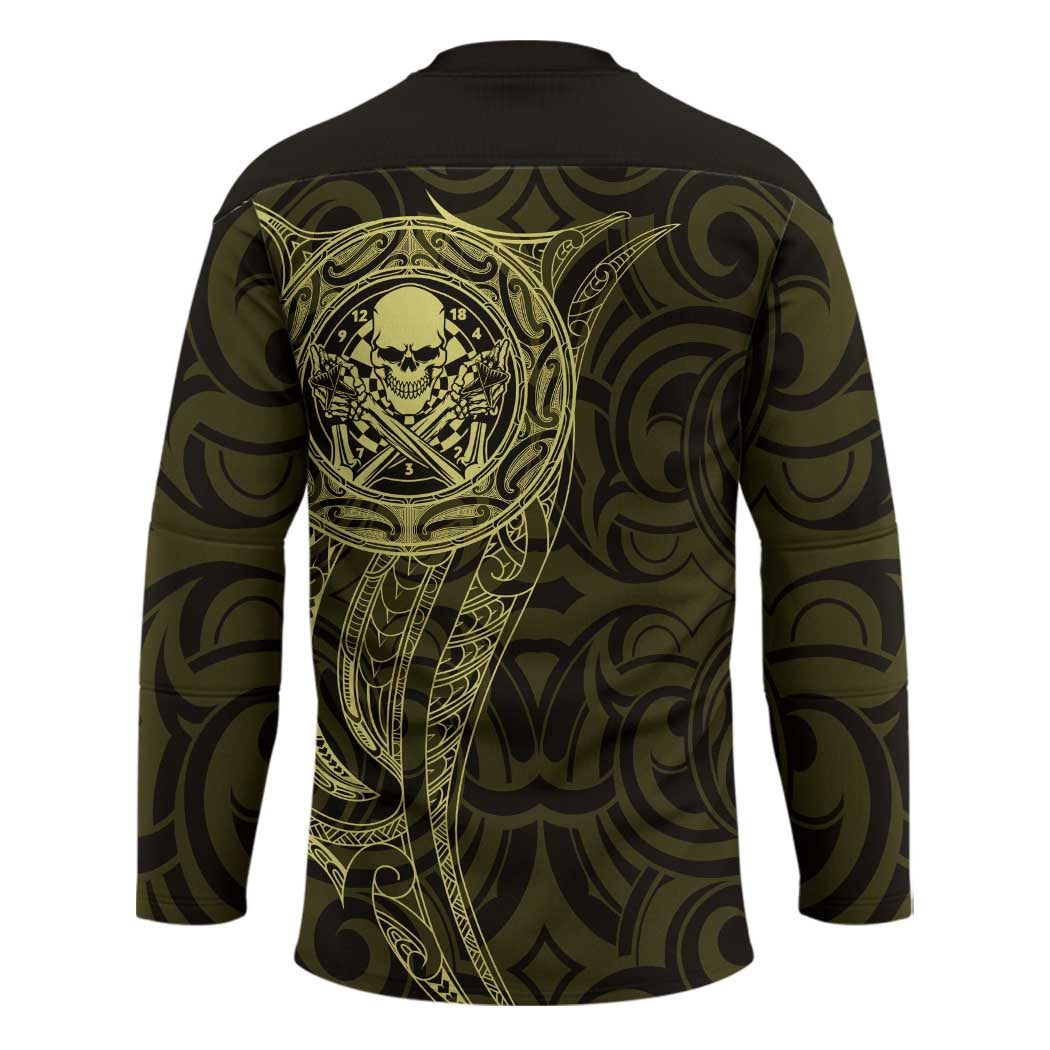 New Zealand Skull Darts Hockey Jersey Aotearoa Maori Chest Tattoo Stylized Gold - Polynesian Pride
