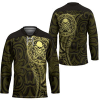 New Zealand Skull Darts Hockey Jersey Aotearoa Maori Chest Tattoo Stylized Gold - Polynesian Pride