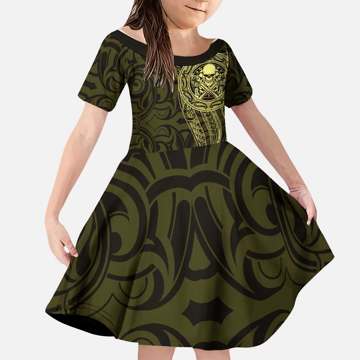 New Zealand Skull Darts Kid Short Sleeve Dress Aotearoa Maori Chest Tattoo Stylized Gold - Polynesian Pride