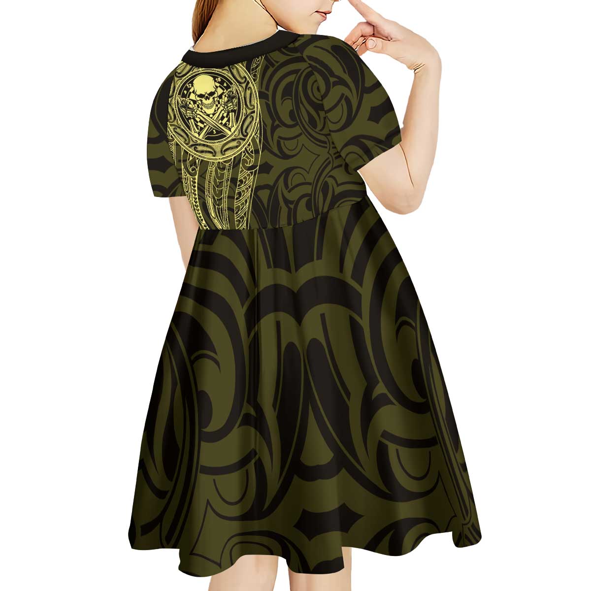New Zealand Skull Darts Kid Short Sleeve Dress Aotearoa Maori Chest Tattoo Stylized Gold - Polynesian Pride