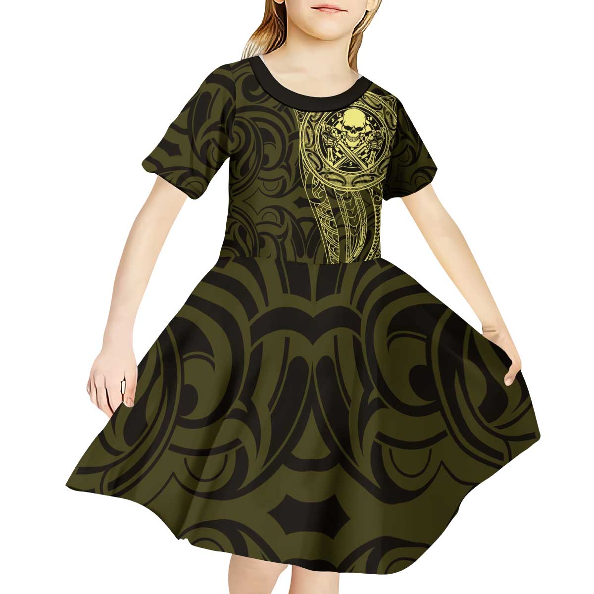 New Zealand Skull Darts Kid Short Sleeve Dress Aotearoa Maori Chest Tattoo Stylized Gold - Polynesian Pride
