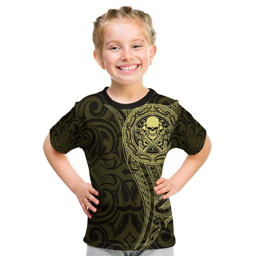 New Zealand Skull Darts Kid T Shirt Aotearoa Maori Chest Tattoo Stylized Gold - Polynesian Pride