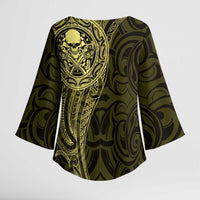 New Zealand Skull Darts Kimono Sleeve Blouse Aotearoa Maori Chest Tattoo Stylized Gold - Polynesian Pride