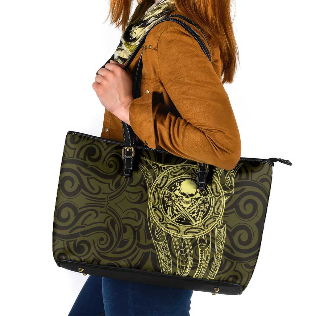 New Zealand Skull Darts Leather Tote Bag Aotearoa Maori Chest Tattoo Stylized Gold - Polynesian Pride