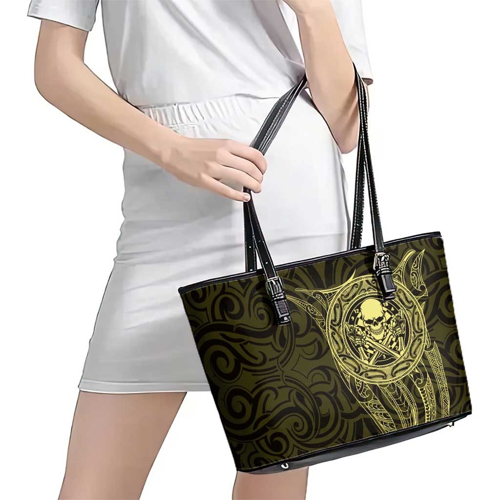 New Zealand Skull Darts Leather Tote Bag Aotearoa Maori Chest Tattoo Stylized Gold - Polynesian Pride