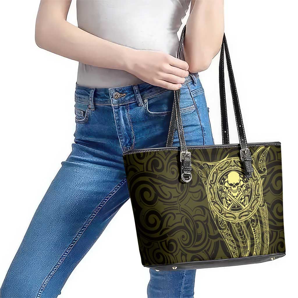 New Zealand Skull Darts Leather Tote Bag Aotearoa Maori Chest Tattoo Stylized Gold - Polynesian Pride