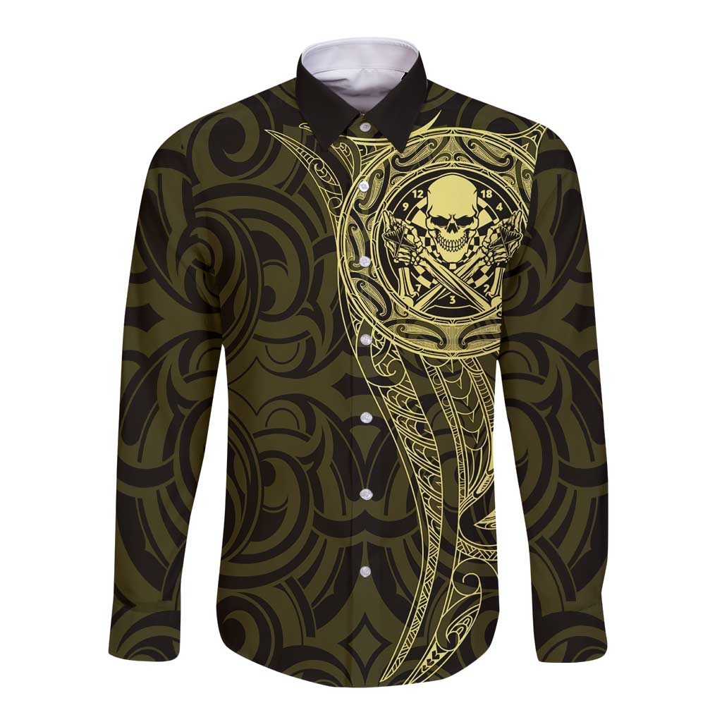 New Zealand Skull Darts Long Sleeve Button Shirt Aotearoa Maori Chest Tattoo Stylized Gold - Polynesian Pride