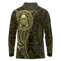 New Zealand Skull Darts Long Sleeve Polo Shirt Aotearoa Maori Chest Tattoo Stylized Gold - Polynesian Pride