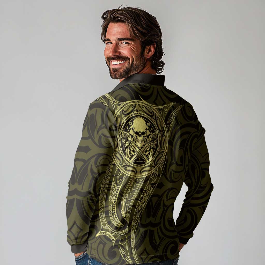 New Zealand Skull Darts Long Sleeve Polo Shirt Aotearoa Maori Chest Tattoo Stylized Gold - Polynesian Pride