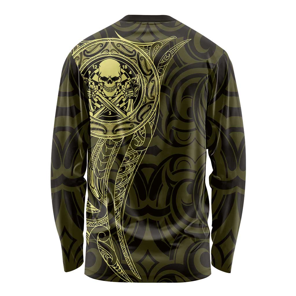New Zealand Skull Darts Long Sleeve Shirt Aotearoa Maori Chest Tattoo Stylized Gold - Polynesian Pride