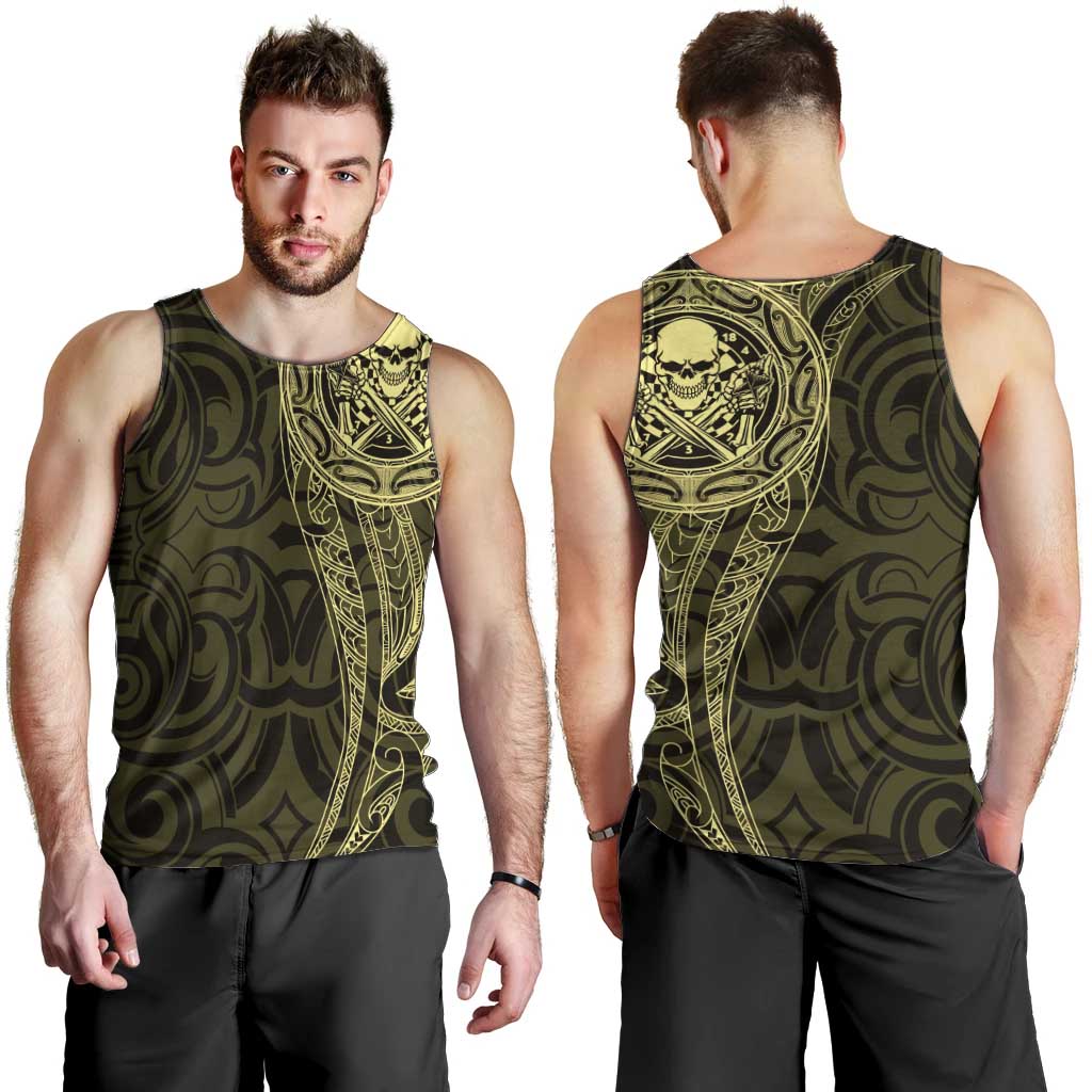 New Zealand Skull Darts Men Tank Top Aotearoa Maori Chest Tattoo Stylized Gold - Polynesian Pride