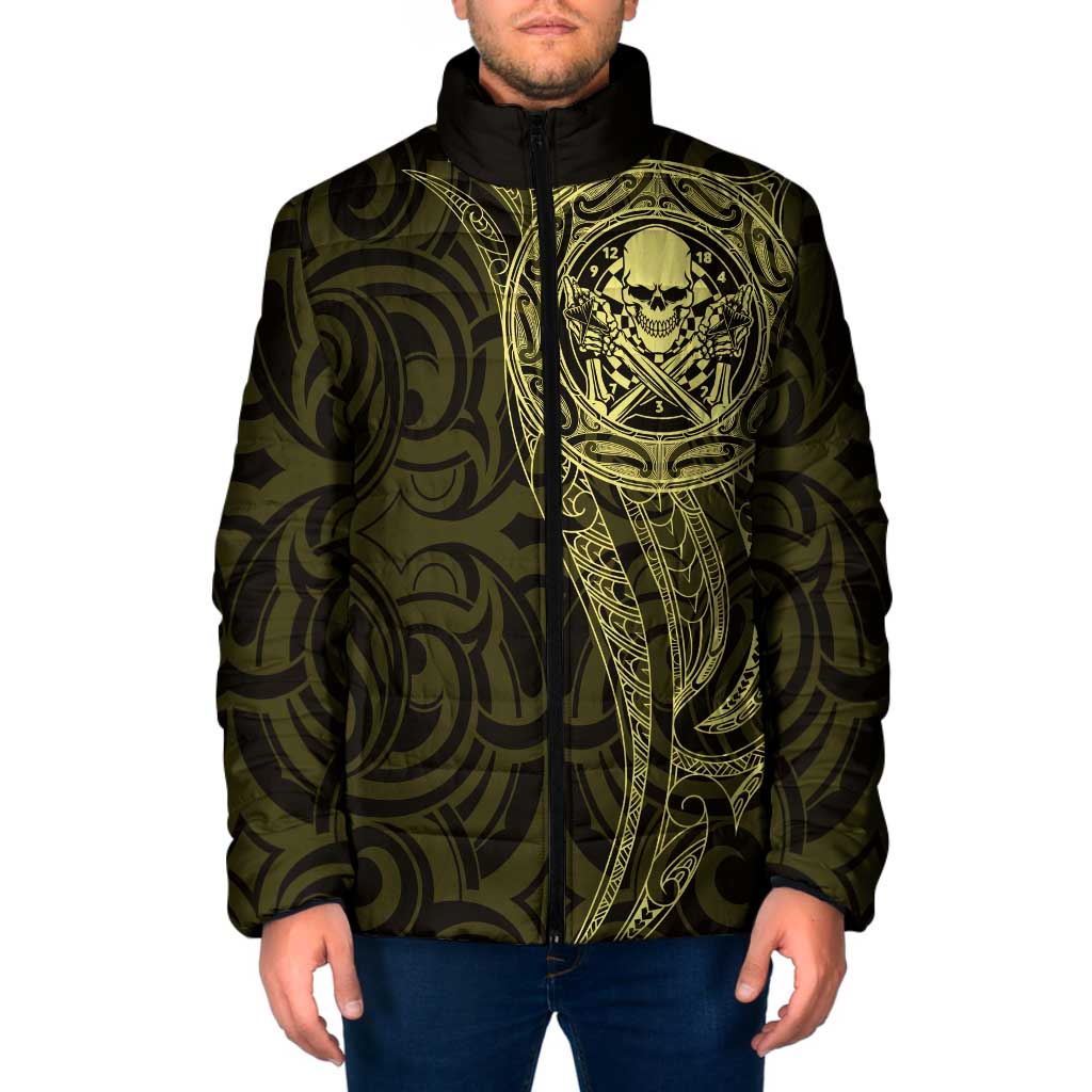 New Zealand Skull Darts Padded Jacket Aotearoa Maori Chest Tattoo Stylized Gold - Polynesian Pride