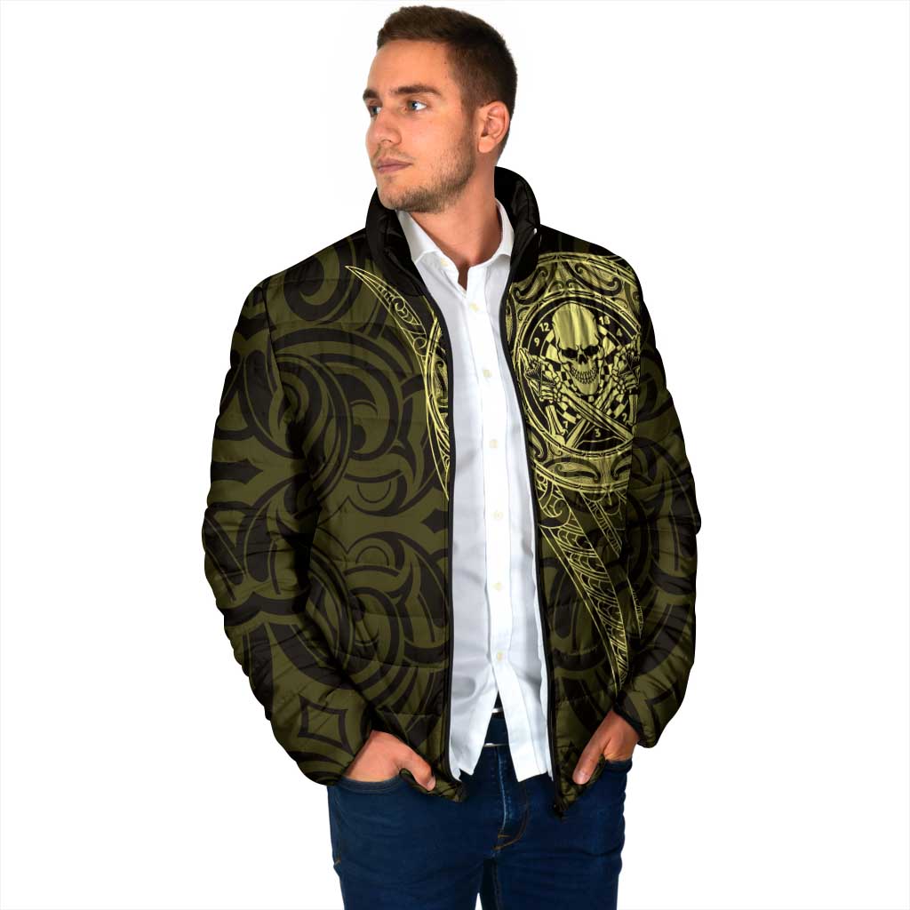 New Zealand Skull Darts Padded Jacket Aotearoa Maori Chest Tattoo Stylized Gold - Polynesian Pride