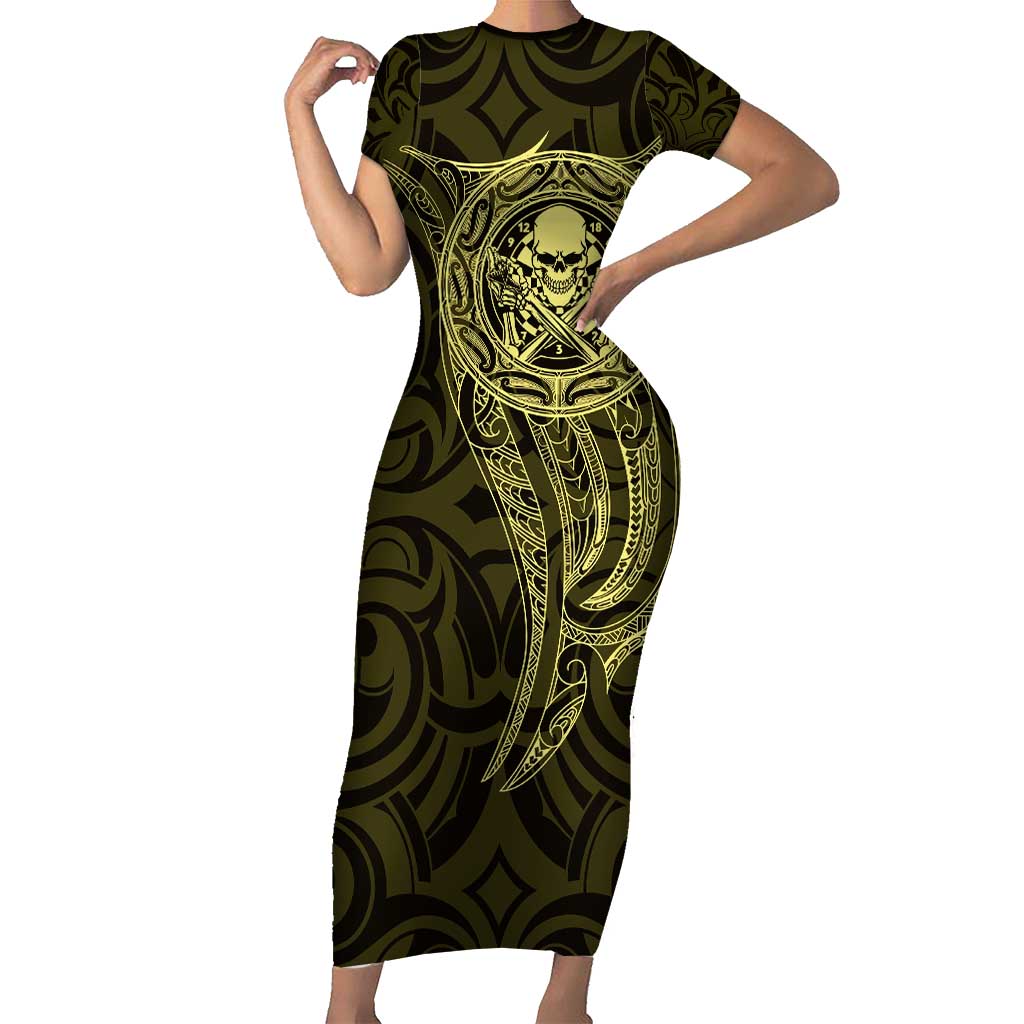 New Zealand Skull Darts Short Sleeve Bodycon Dress Aotearoa Maori Chest Tattoo Stylized Gold - Polynesian Pride