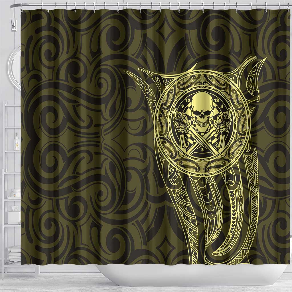 New Zealand Skull Darts Shower Curtain Aotearoa Maori Chest Tattoo Stylized Gold - Polynesian Pride