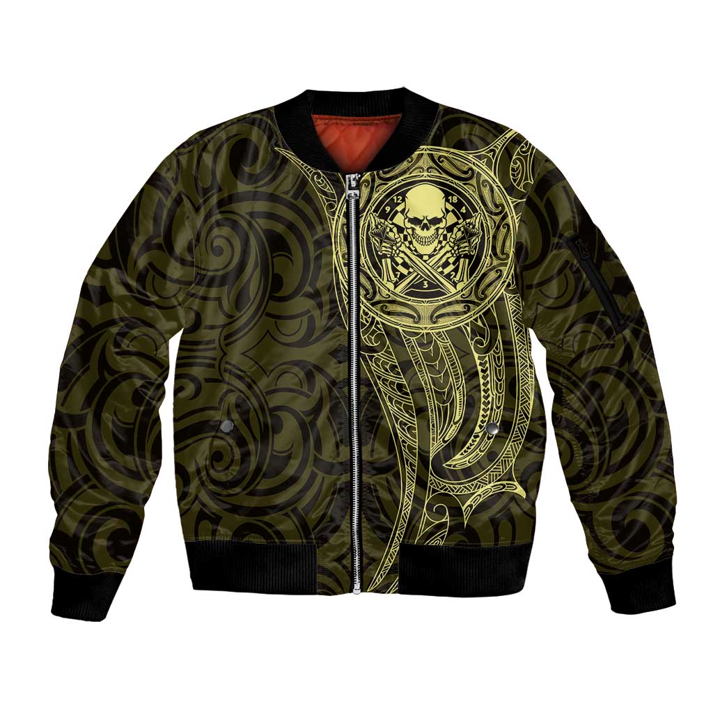 New Zealand Skull Darts Sleeve Zip Bomber Jacket Aotearoa Maori Chest Tattoo Stylized Gold - Polynesian Pride