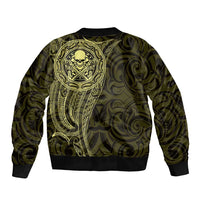 New Zealand Skull Darts Sleeve Zip Bomber Jacket Aotearoa Maori Chest Tattoo Stylized Gold - Polynesian Pride