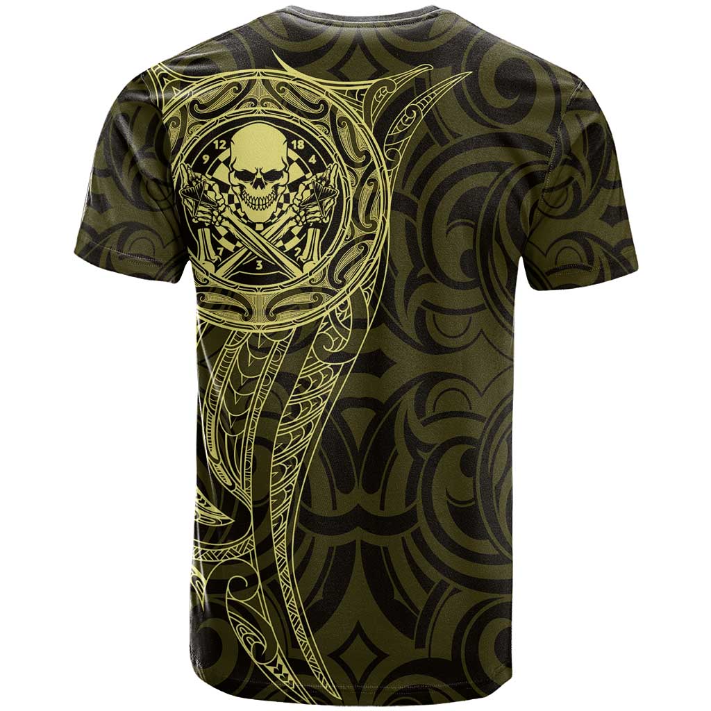 New Zealand Skull Darts T Shirt Aotearoa Maori Chest Tattoo Stylized Gold - Polynesian Pride