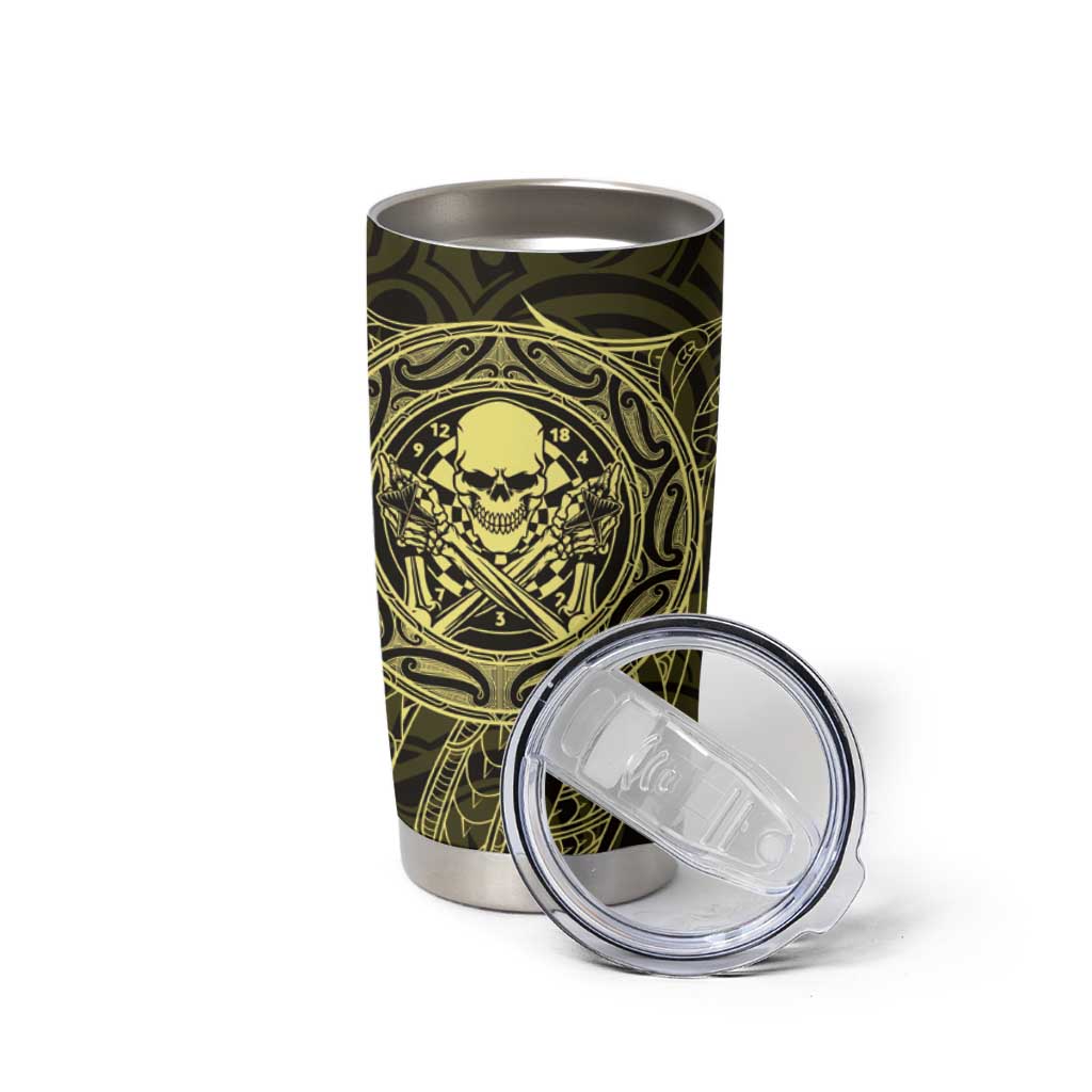 New Zealand Skull Darts Tumbler Cup Aotearoa Maori Chest Tattoo Stylized Gold - Polynesian Pride