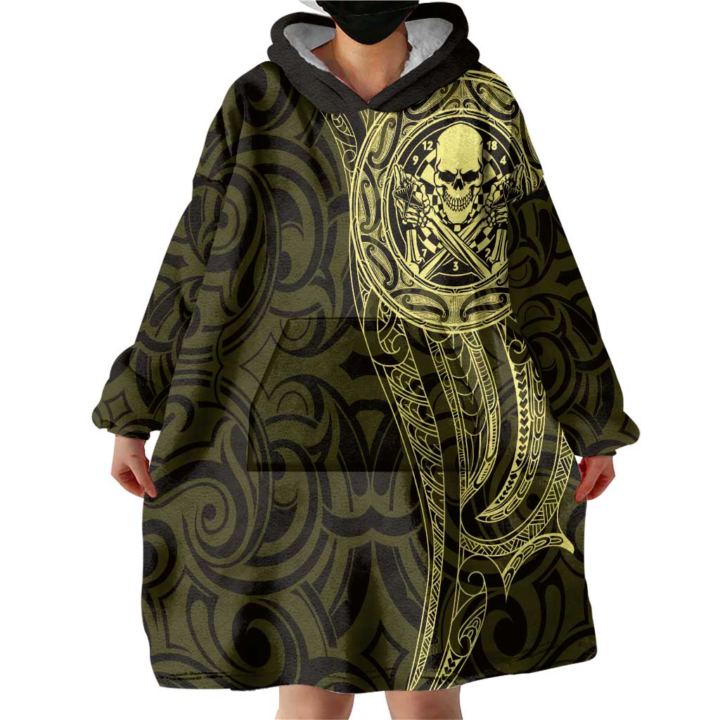 New Zealand Skull Darts Wearable Blanket Hoodie Aotearoa Maori Chest Tattoo Stylized Gold - Polynesian Pride