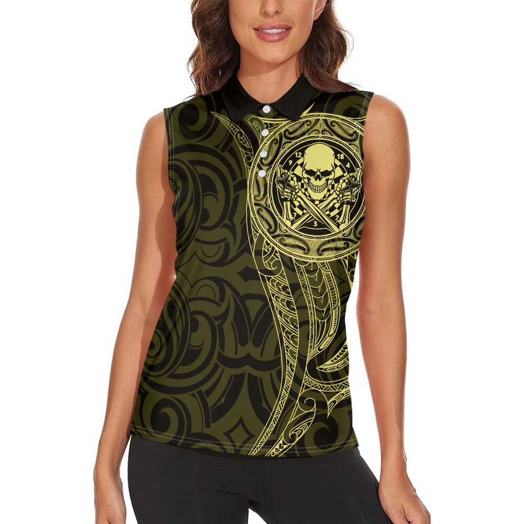 New Zealand Skull Darts Women Sleeveless Polo Shirt Aotearoa Maori Chest Tattoo Stylized Gold - Polynesian Pride