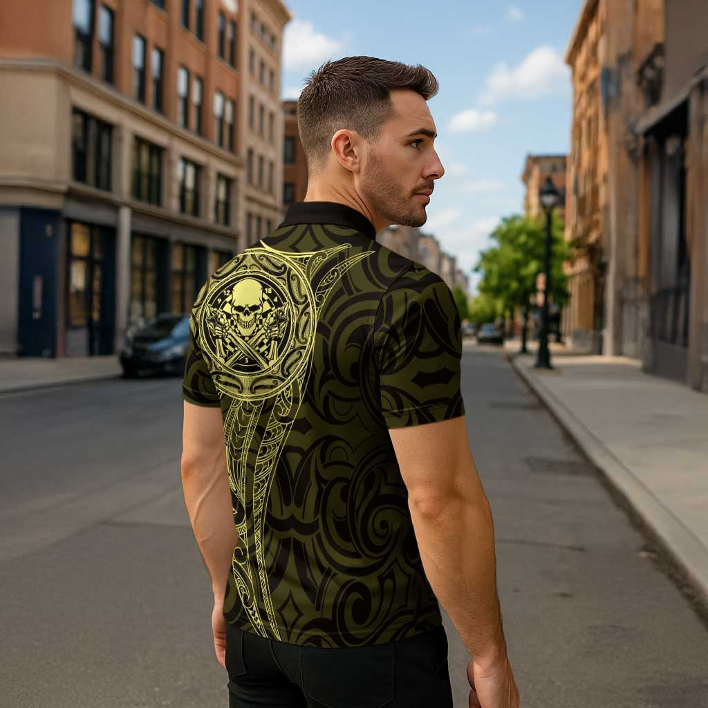 New Zealand Skull Darts Zipper Polo Shirt Aotearoa Maori Chest Tattoo Stylized Gold - Polynesian Pride