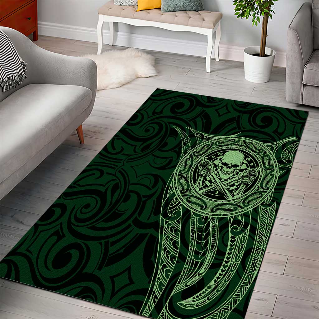 New Zealand Skull Darts Area Rug Aotearoa Maori Chest Tattoo Stylized Green - Polynesian Pride