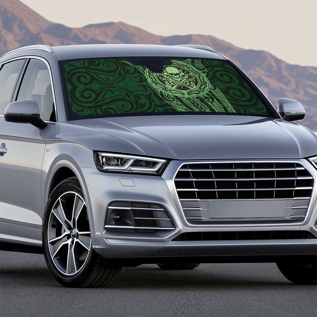 New Zealand Skull Darts Auto Sun Shade Aotearoa Maori Chest Tattoo Stylized Green - Polynesian Pride