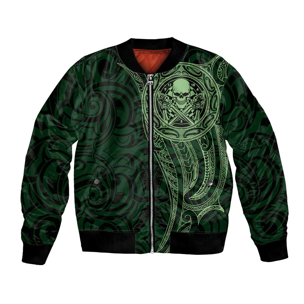 New Zealand Skull Darts Bomber Jacket Aotearoa Maori Chest Tattoo Stylized Green - Polynesian Pride