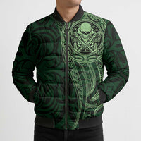 New Zealand Skull Darts Bomber Puffer Jacket Aotearoa Maori Chest Tattoo Stylized Green - Polynesian Pride